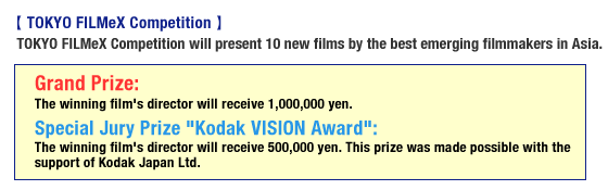 Grand Prize:The winning filmfs director will receive 1,000,000 yen. Special Jury Prize gKodak VISION Awardh: The winning filmfs director will receive 500,000 yen. This prize was made possible with the support of Kodak Japan Ltd.